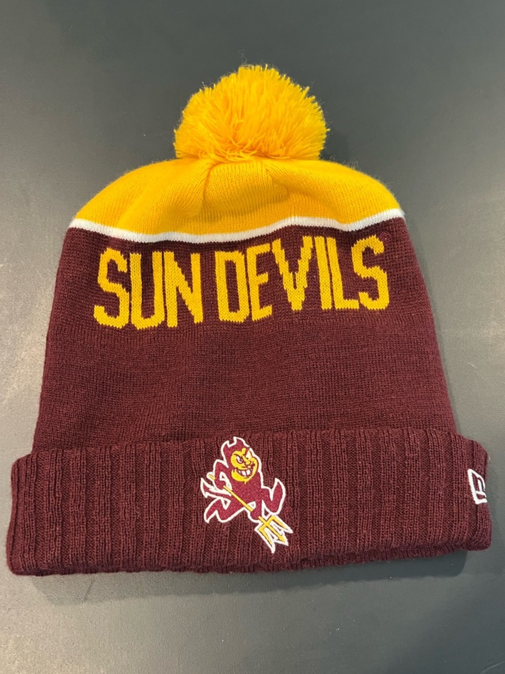 New Era Arizona State Sun Devils Pom Pom Beanie Hat Maroon and Gold Fleece Lined